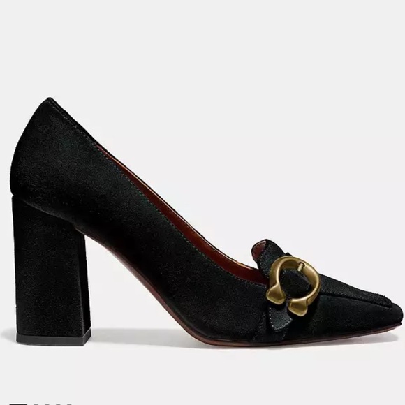 Coach Black Suede Block Heels with Gold Buckle - Picture 6 of 9
